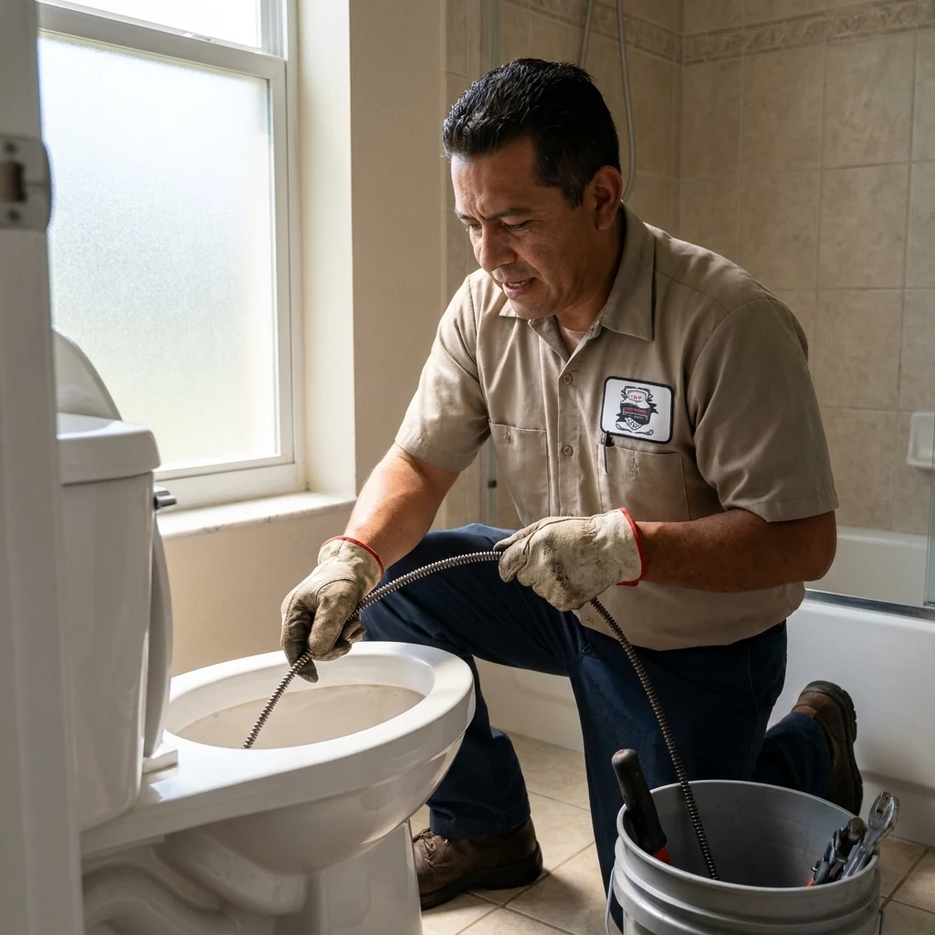 Clogged toilet being cleared during a Watergrass service call