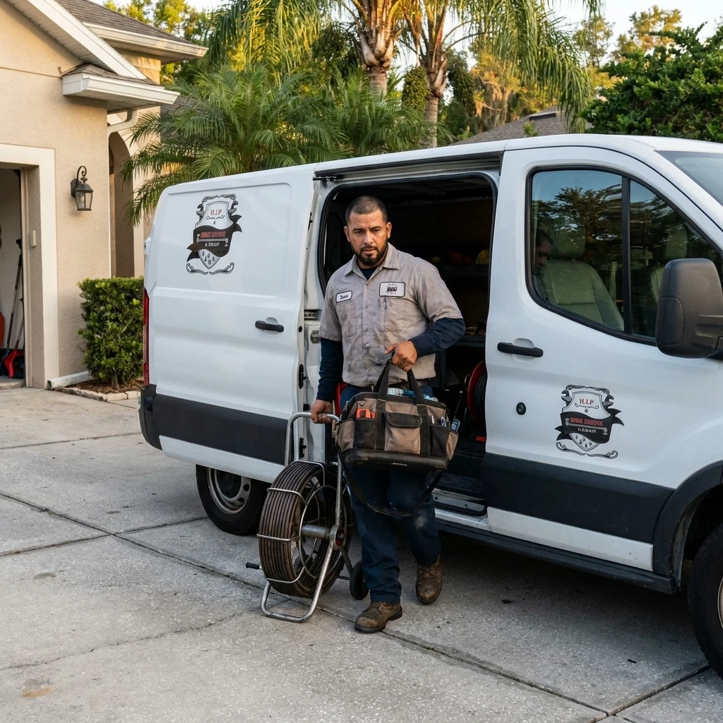 Technician standing at the open side door of a service van with a cable drum beside him