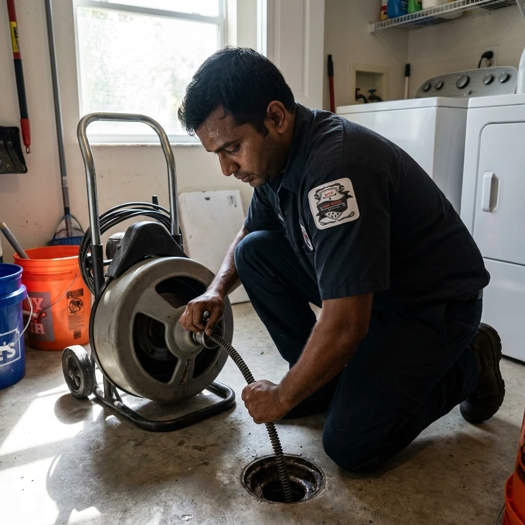 Feeding a cable from a drum machine into a utility room floor drain