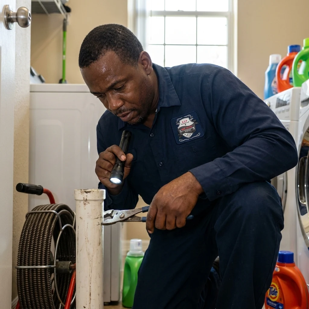 Washing machine standpipe drain being cleaned in an Epperson laundry room